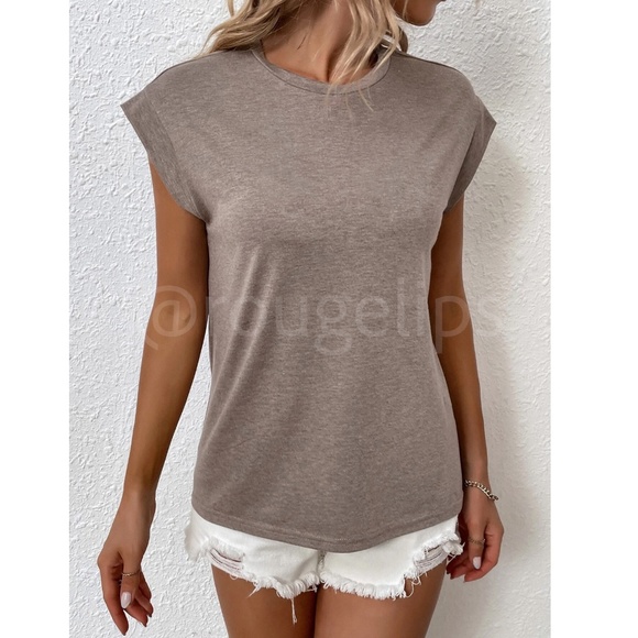 Mocha Brown Crew Neck Muscle Tee Top Shirt Cap Sleeve, Round Neck - Picture 4 of 11